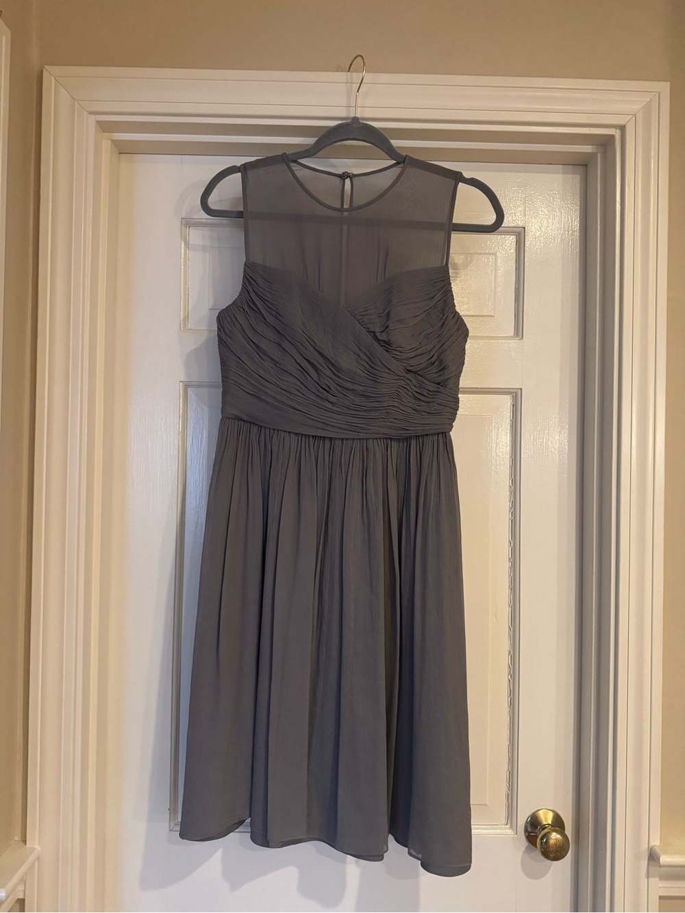 J. Crew Sleeveless Gray Chiffon Midi Dress with Sheer Yoke